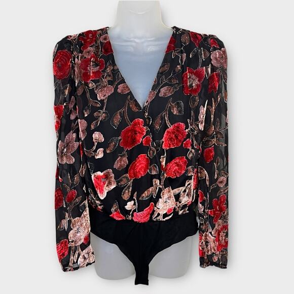 FATE Velvet Burnout Black, Red & Mauve wrap floral bodysuit size large Semisheer - Picture 2 of 7